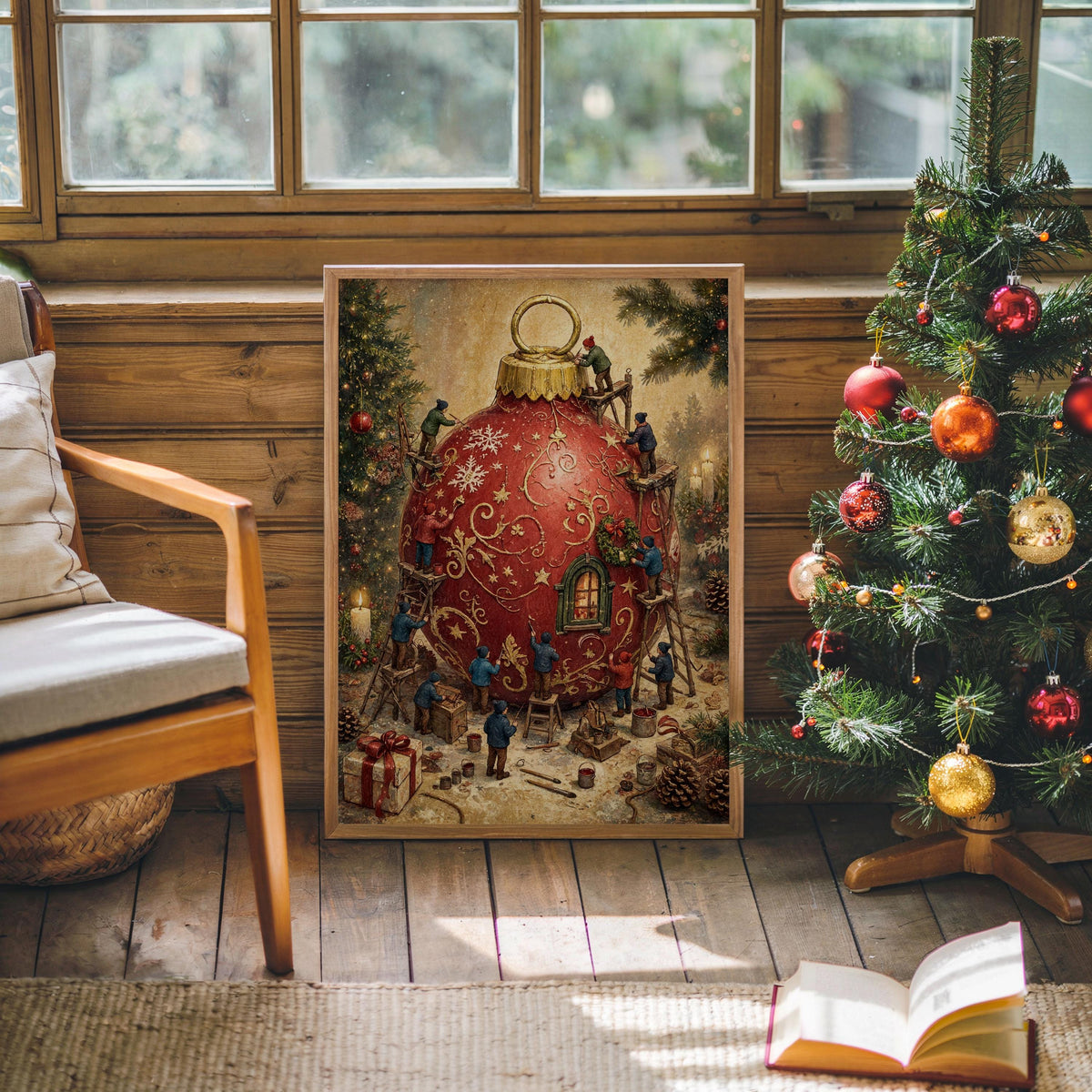 Whimsical Christmas print framed beside a cozy chair and tree, detailed storybook illustration.