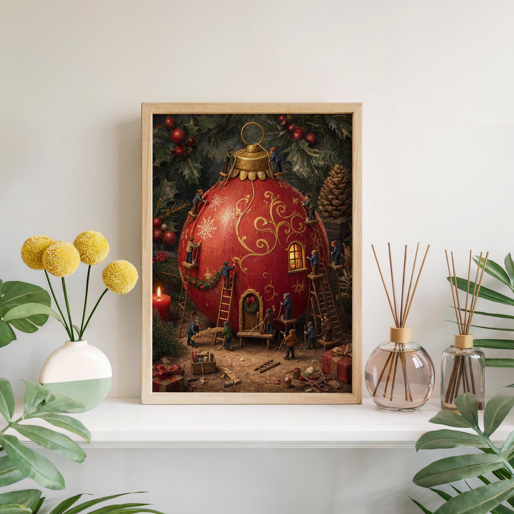 Tiny People Decorating a Giant Christmas Bauble Print, Storybook Holiday Poster, Nostalgic Winter Workshop Wall Art, Xmas Decor