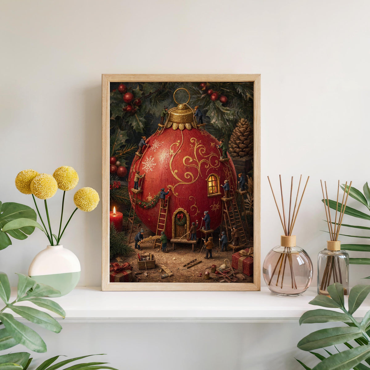 Tiny People Decorating a Giant Christmas Bauble Print, Storybook Holiday Poster, Nostalgic Winter Workshop Wall Art, Xmas Decor