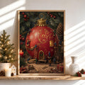 Tiny People Decorating a Giant Christmas Bauble Print, Storybook Holiday Poster, Nostalgic Winter Workshop Wall Art, Xmas Decor