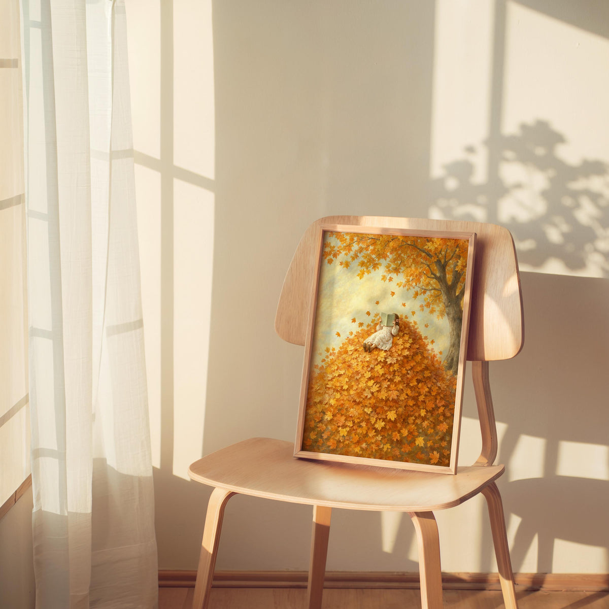 Girl Reading in Autumn Leaves Print, Vintage Storybook Wall Art, Fall Leaf Poster, Cozy Woodland Decor, Book Lover Gift, Botanical Woman