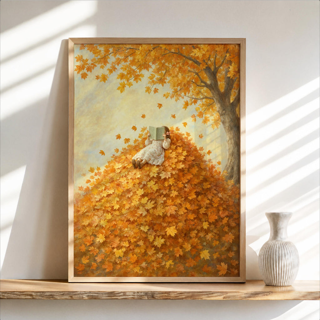 Girl Reading in Autumn Leaves Print, Vintage Storybook Wall Art, Fall Leaf Poster, Cozy Woodland Decor, Book Lover Gift, Botanical Woman