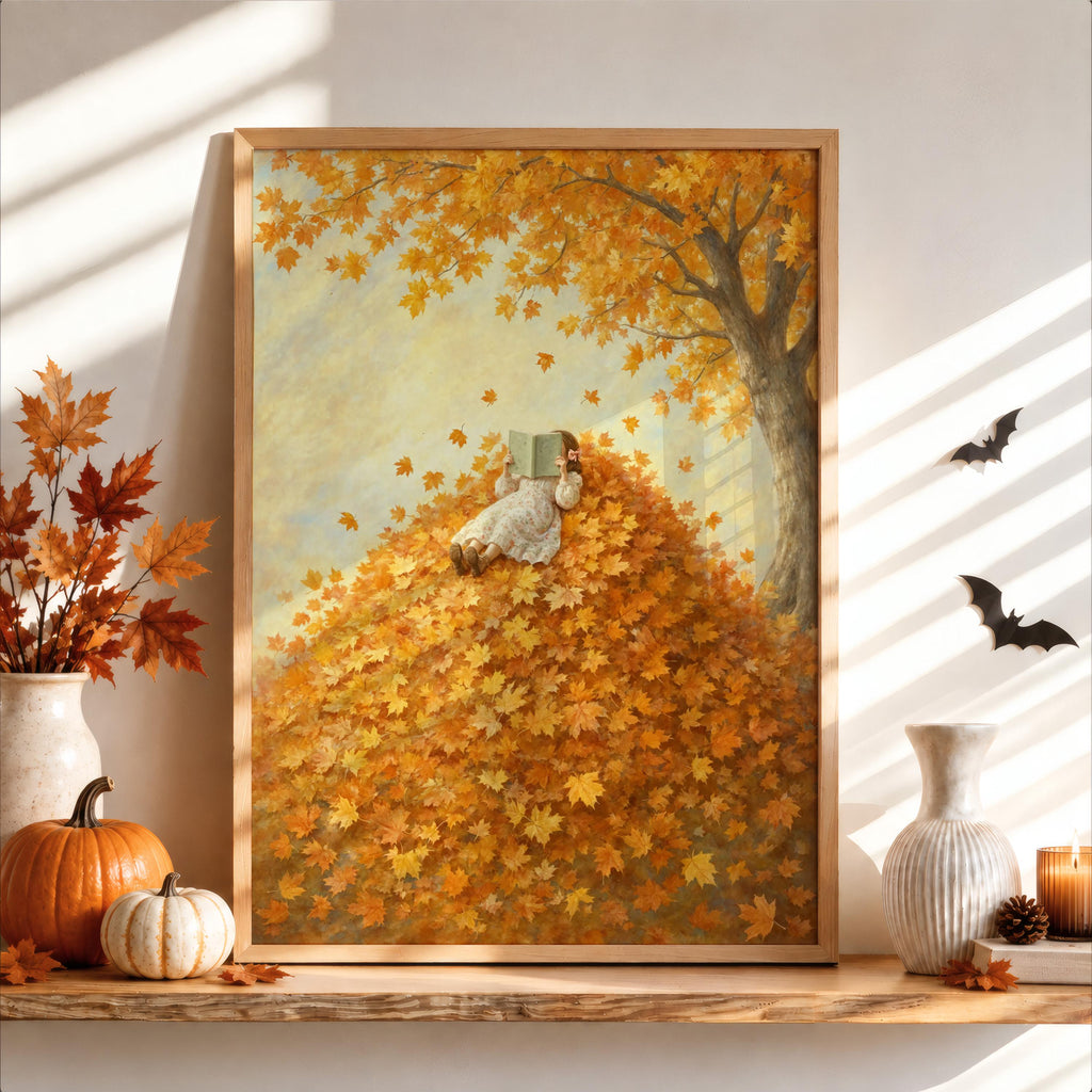 Girl Reading in Autumn Leaves Print, Vintage Storybook Wall Art, Fall Leaf Poster, Cozy Woodland Decor, Book Lover Gift, Botanical Woman