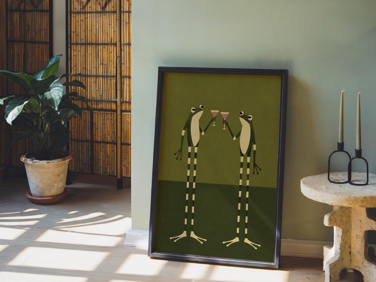 Frog Martini Toast Print, Vintage Green Frogs Wall Art, Quirky Cocktail Decor, Retro Animal Illustration, Retro Abstract Poster