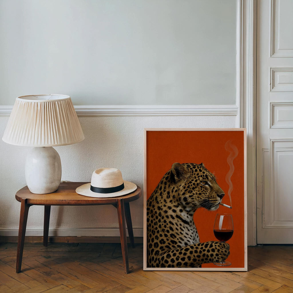 Leopard with Wine & Cigarette Print, Bold Big Cat Poster, Vintage Animal Wall Art, Red Maximalist Decor, Funny Sophisticated Gift