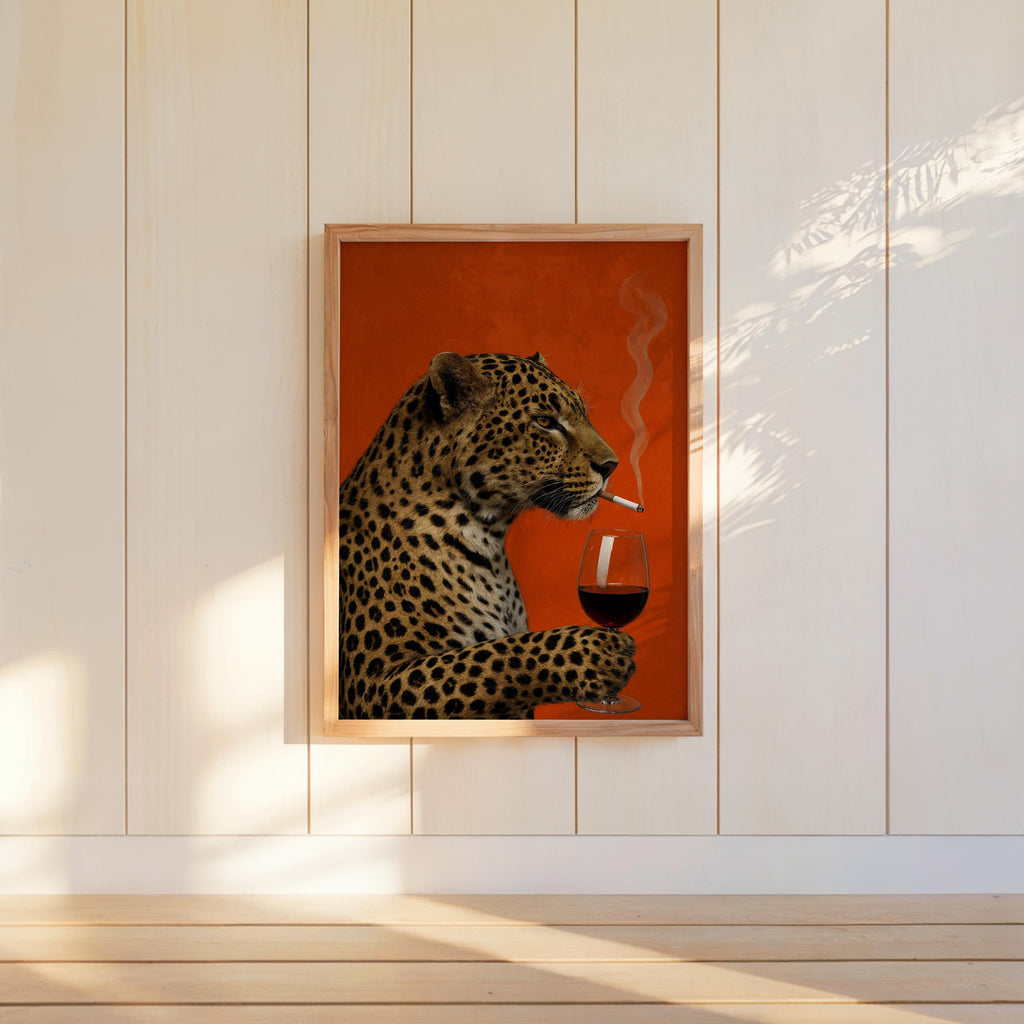 Leopard with Wine & Cigarette Print, Bold Big Cat Poster, Vintage Animal Wall Art, Red Maximalist Decor, Funny Sophisticated Gift