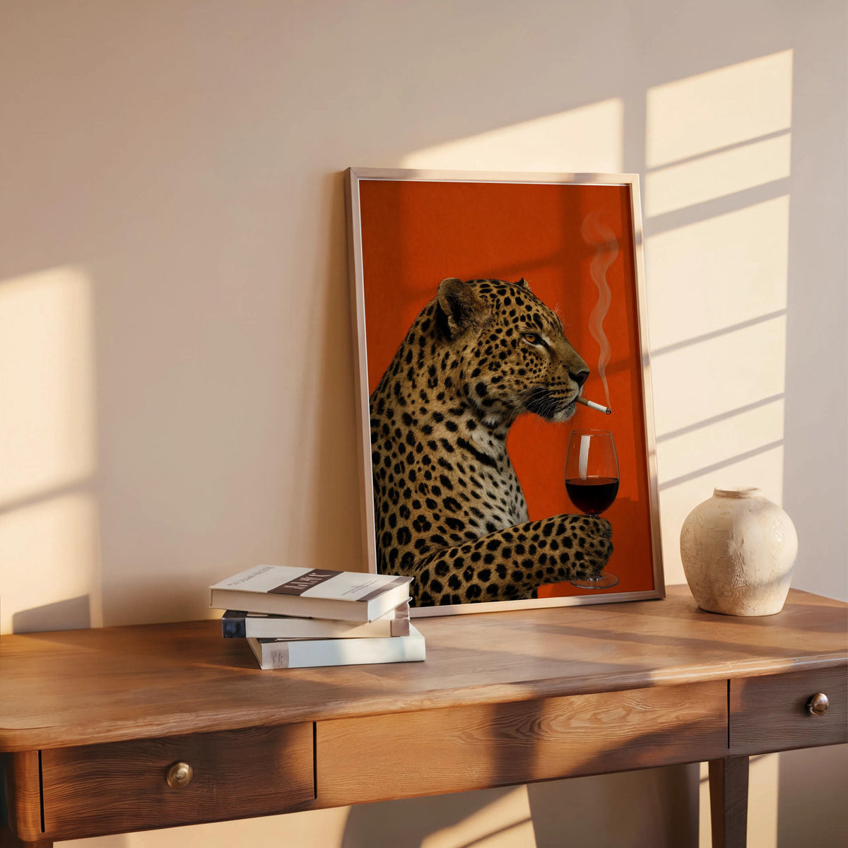 Leopard with Wine & Cigarette Print, Bold Big Cat Poster, Vintage Animal Wall Art, Red Maximalist Decor, Funny Sophisticated Gift