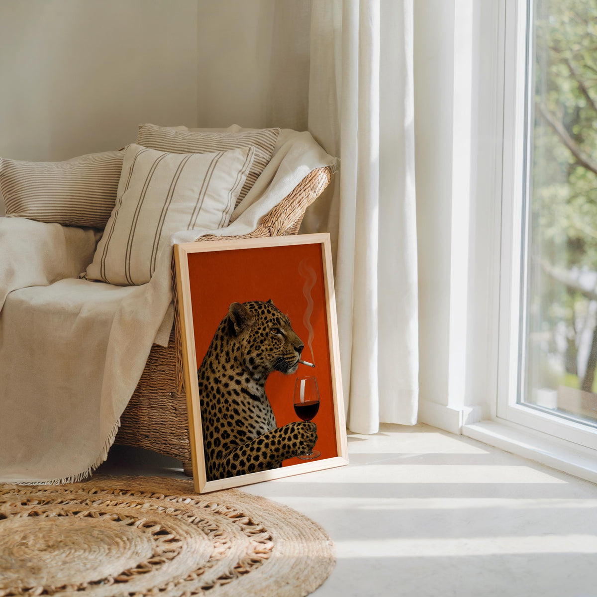 Leopard with Wine & Cigarette Print, Bold Big Cat Poster, Vintage Animal Wall Art, Red Maximalist Decor, Funny Sophisticated Gift