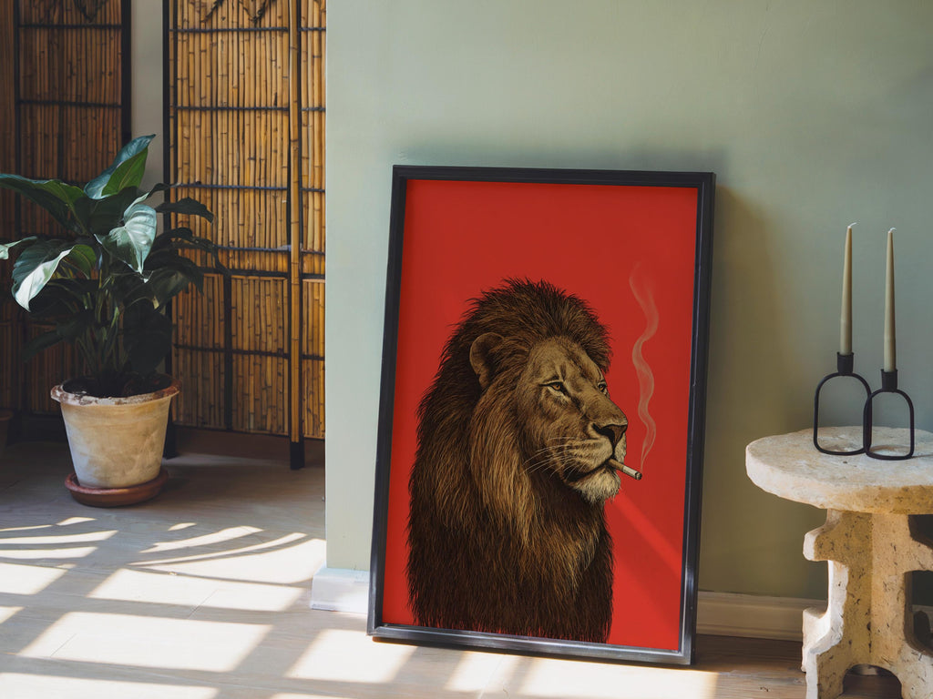 Lion Smoking Cigarette Print, Retro Big Cat Poster, Funny Bold Red Wall Art, Maximalist Animal Decor, Stylish Safari Gift for Men