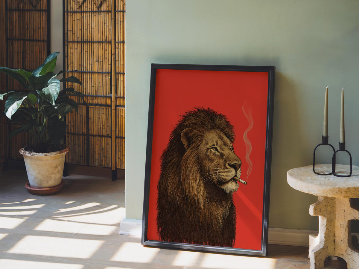 Lion Smoking Cigarette Print, Retro Big Cat Poster, Funny Bold Red Wall Art, Maximalist Animal Decor, Stylish Safari Gift for Men