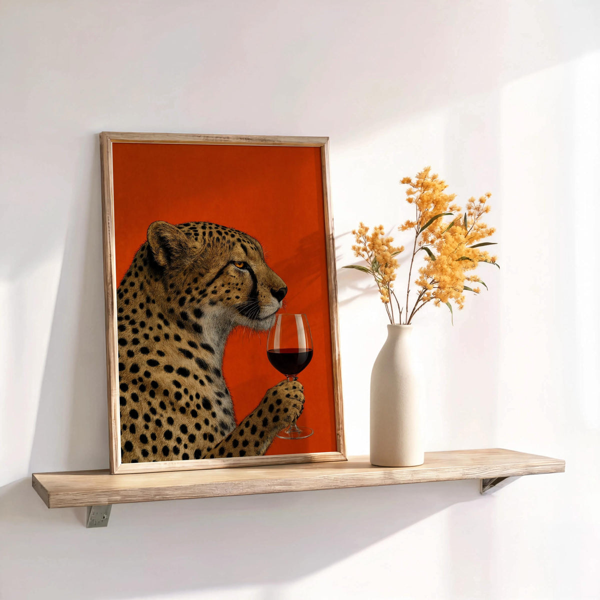 Cheetah wine wall art leaning on a shelf beside dried flowers in a vase, vintage animal print styling.