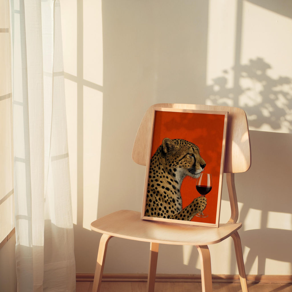 Cheetah wine wall art set on a chair by sheer curtains, soft shadow play and vintage animal print mood.