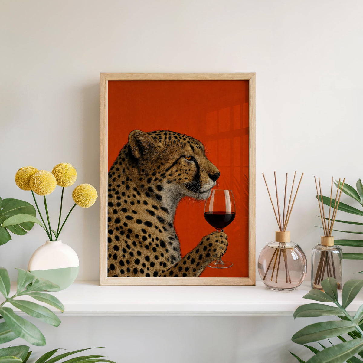 Cheetah wine wall art on a mantel with yellow billy buttons and glass vases, wine wall art for eclectic spaces.