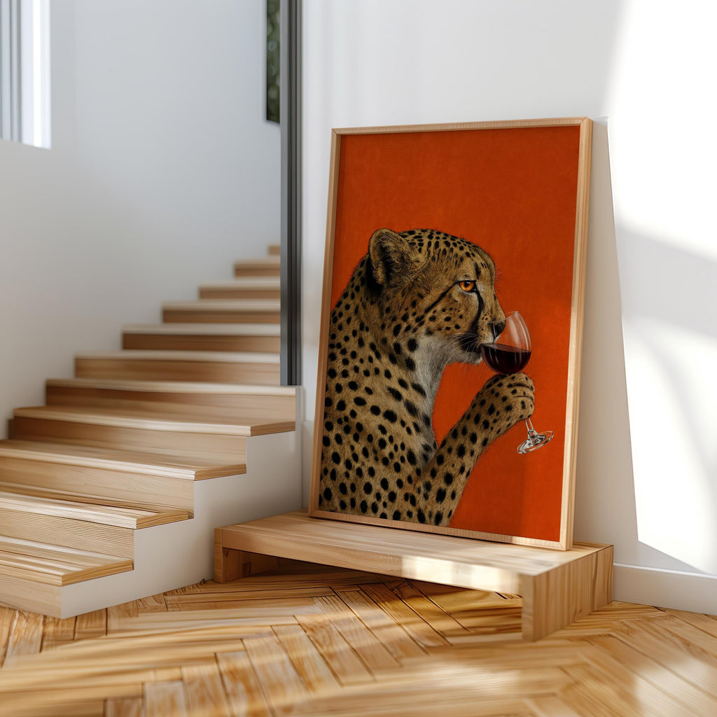 Cheetah drinking wine wall art leaning on stair landing, surreal animal art illustration with bold burnt-orange field
