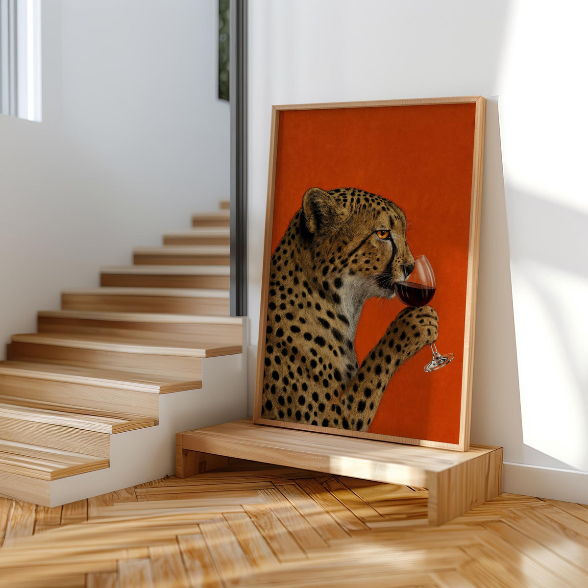 Cheetah drinking wine wall art leaning on stair landing, surreal animal art illustration with bold burnt-orange field