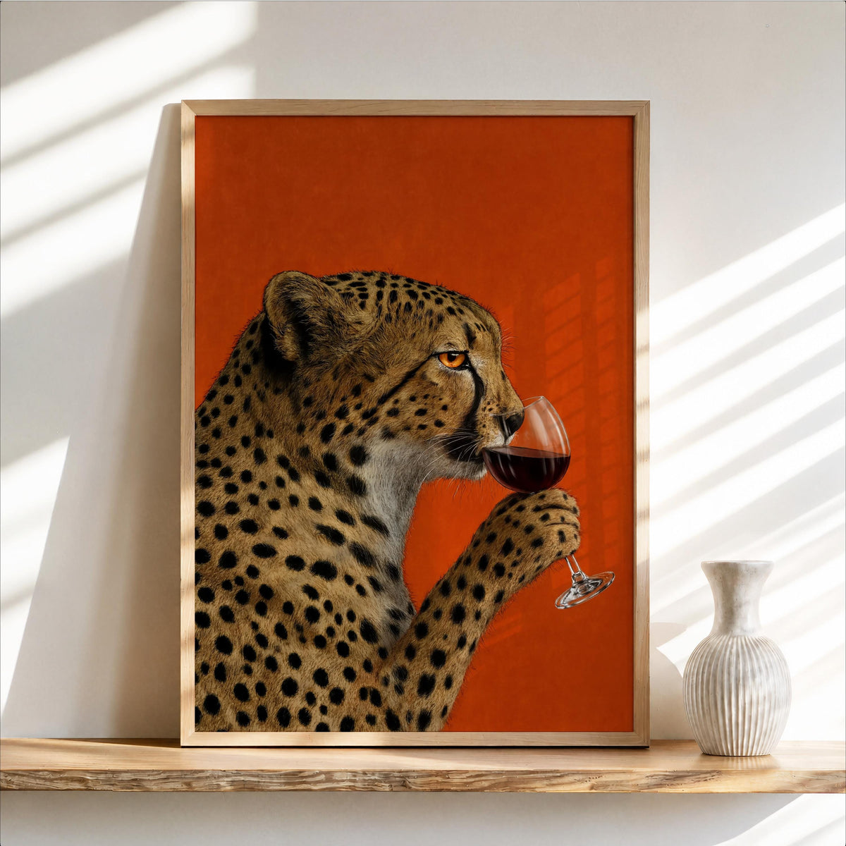 Framed cheetah drinking wine wall art resting on a low wooden ledge, burnt-orange backdrop, retro playful look