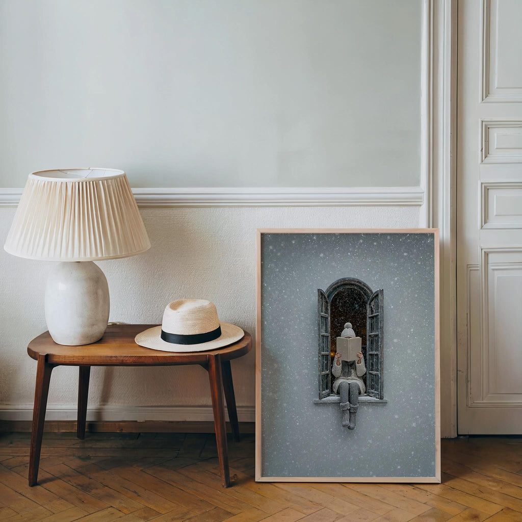 Woman Reading in Winter Window Print, Cozy Snowy Book Lover Wall Art, Christmas Bookish Decor, Hygge Home Gift, Romantic Facade Poster