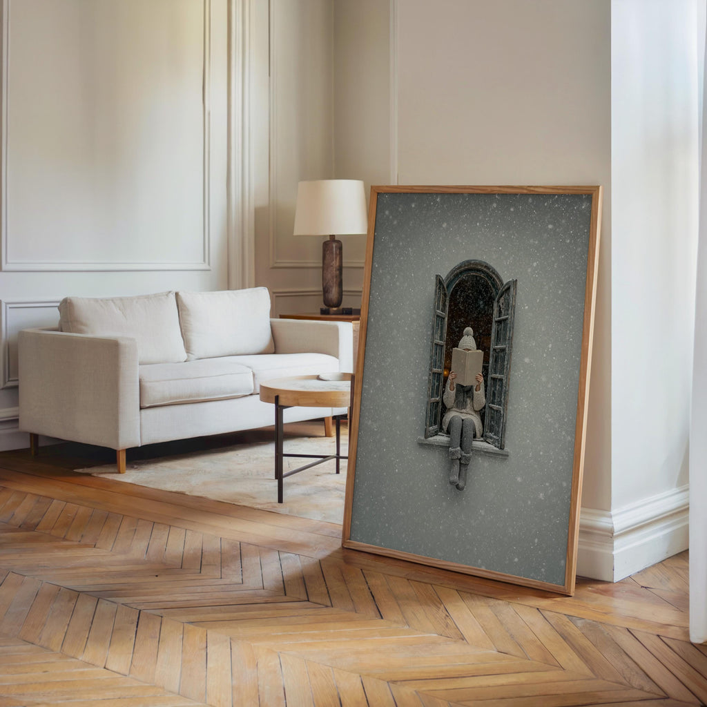 Woman Reading in Winter Window Print, Cozy Snowy Book Lover Wall Art, Christmas Bookish Decor, Hygge Home Gift, Romantic Facade Poster