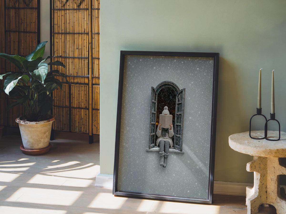 Woman Reading in Winter Window Print, Cozy Snowy Book Lover Wall Art, Christmas Bookish Decor, Hygge Home Gift, Romantic Facade Poster