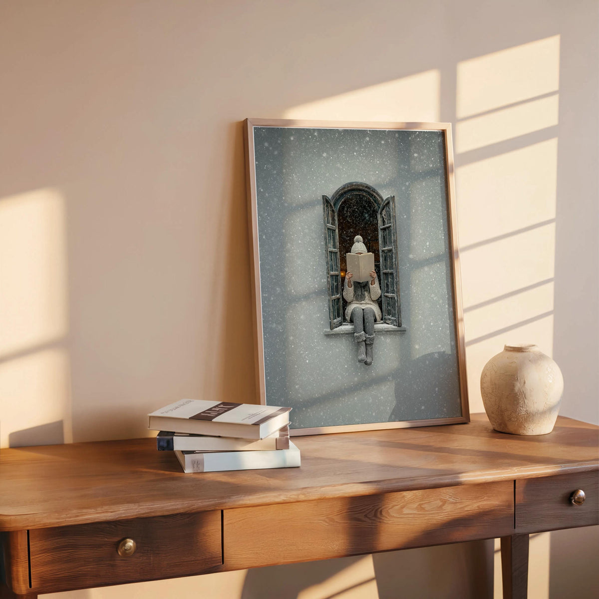 Woman Reading in Winter Window Print, Cozy Snowy Book Lover Wall Art, Christmas Bookish Decor, Hygge Home Gift, Romantic Facade Poster