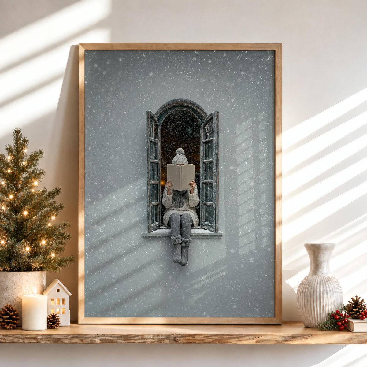 Woman Reading in Winter Window Print, Cozy Snowy Book Lover Wall Art, Christmas Bookish Decor, Hygge Home Gift, Romantic Facade Poster
