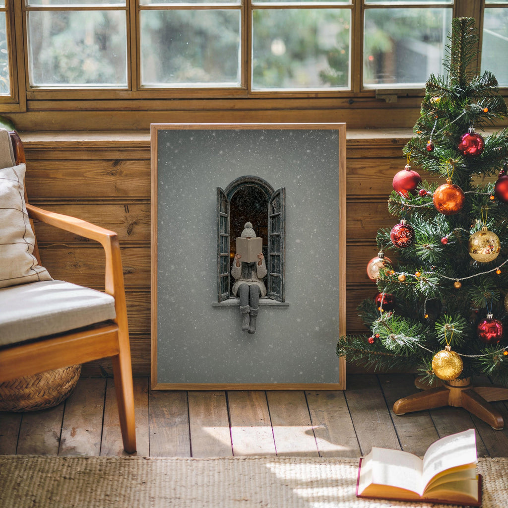 Woman Reading in Winter Window Print, Cozy Snowy Book Lover Wall Art, Christmas Bookish Decor, Hygge Home Gift, Romantic Facade Poster
