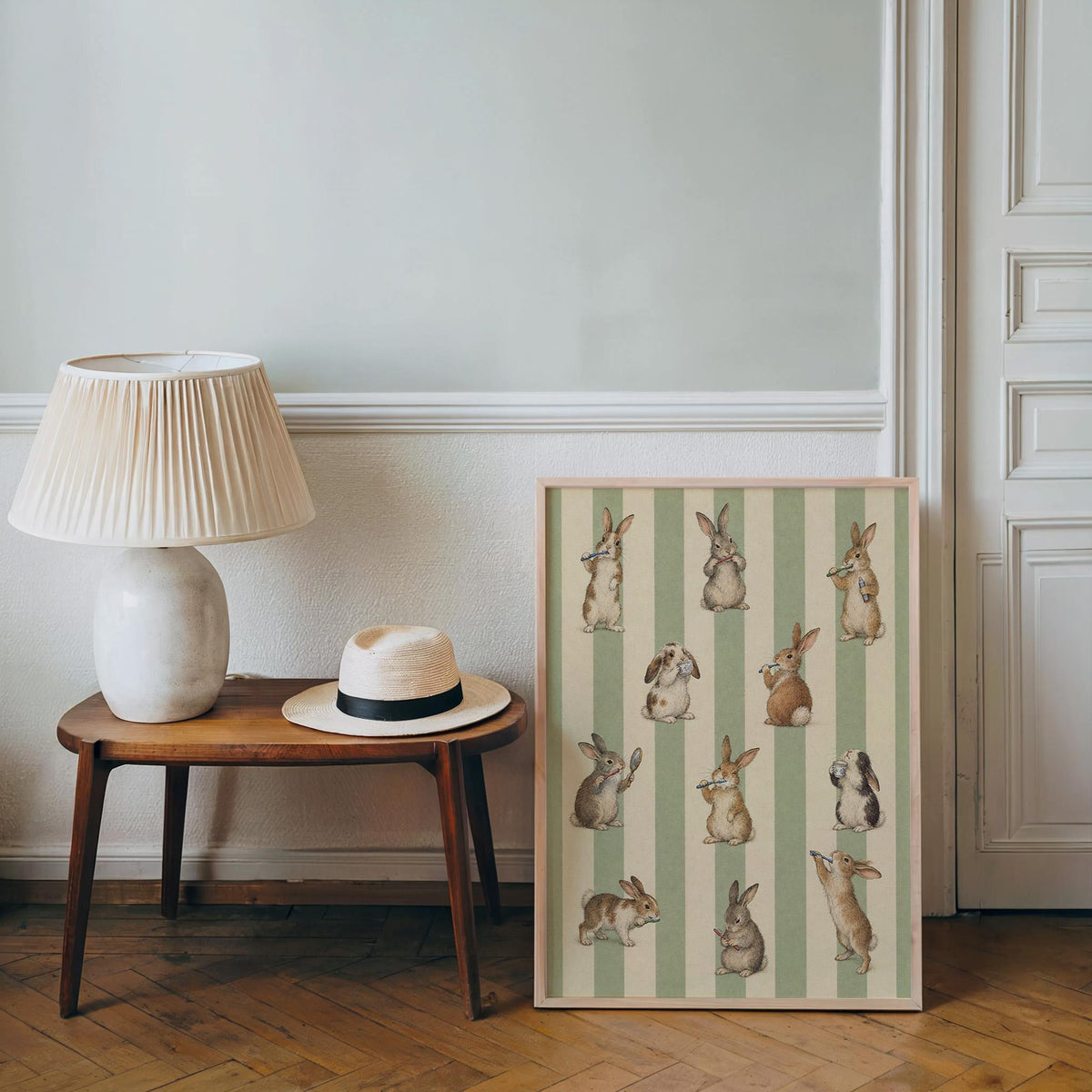 Bunny Brushing Teeth Print, Vintage Rabbit Poster, Green Stripes Wall Decor, Toothbrush Animal Illustration, Cottagecore Bathroom Art