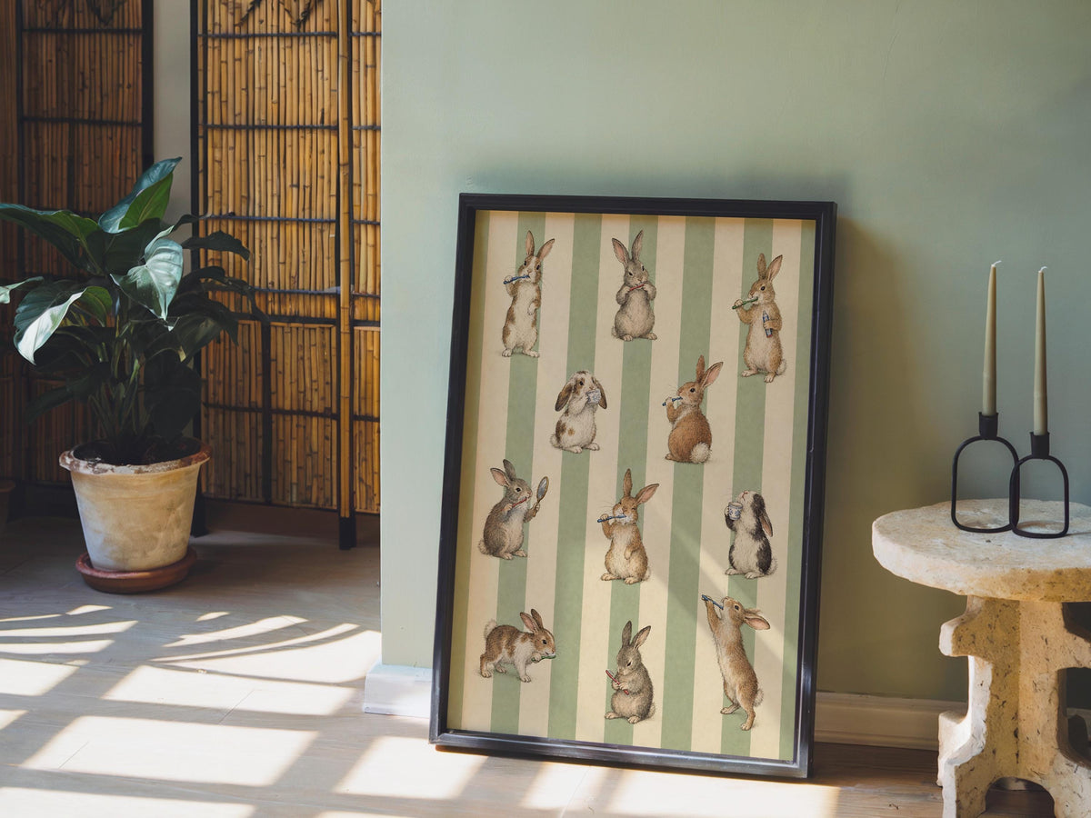 Bunny Brushing Teeth Print, Vintage Rabbit Poster, Green Stripes Wall Decor, Toothbrush Animal Illustration, Cottagecore Bathroom Art