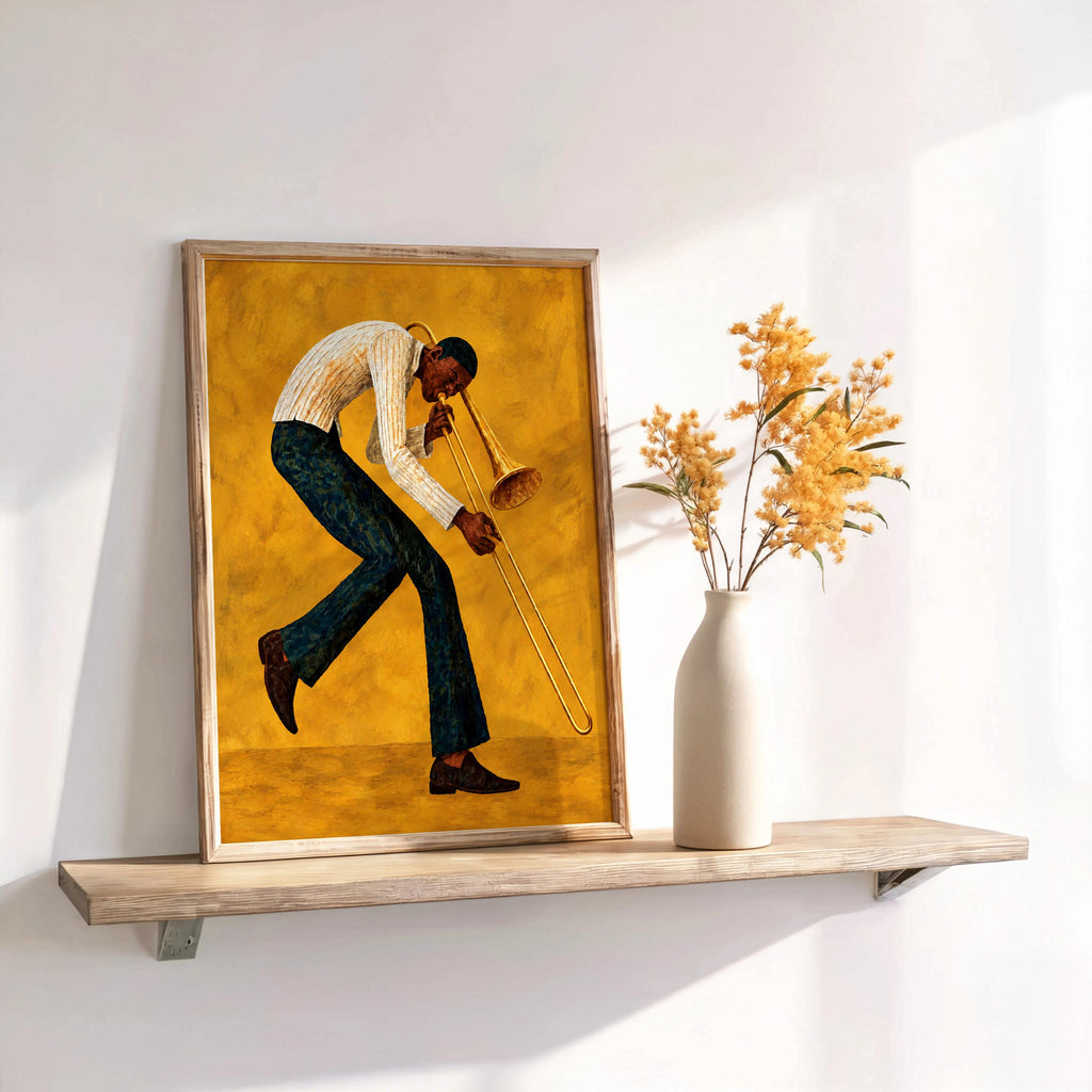 Trombone Player Wall Art, African American Jazz Musician Painting, Afrocentric Artistic Music Print Decor, Abstract Textured Band Gift