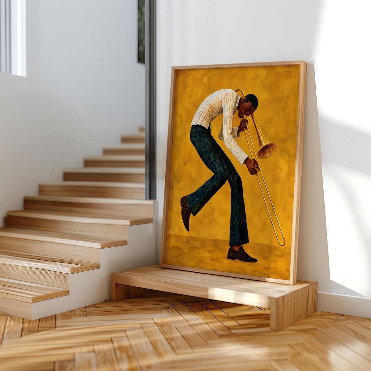 Trombone Player Wall Art, African American Jazz Musician Painting, Afrocentric Artistic Music Print Decor, Abstract Textured Band Gift