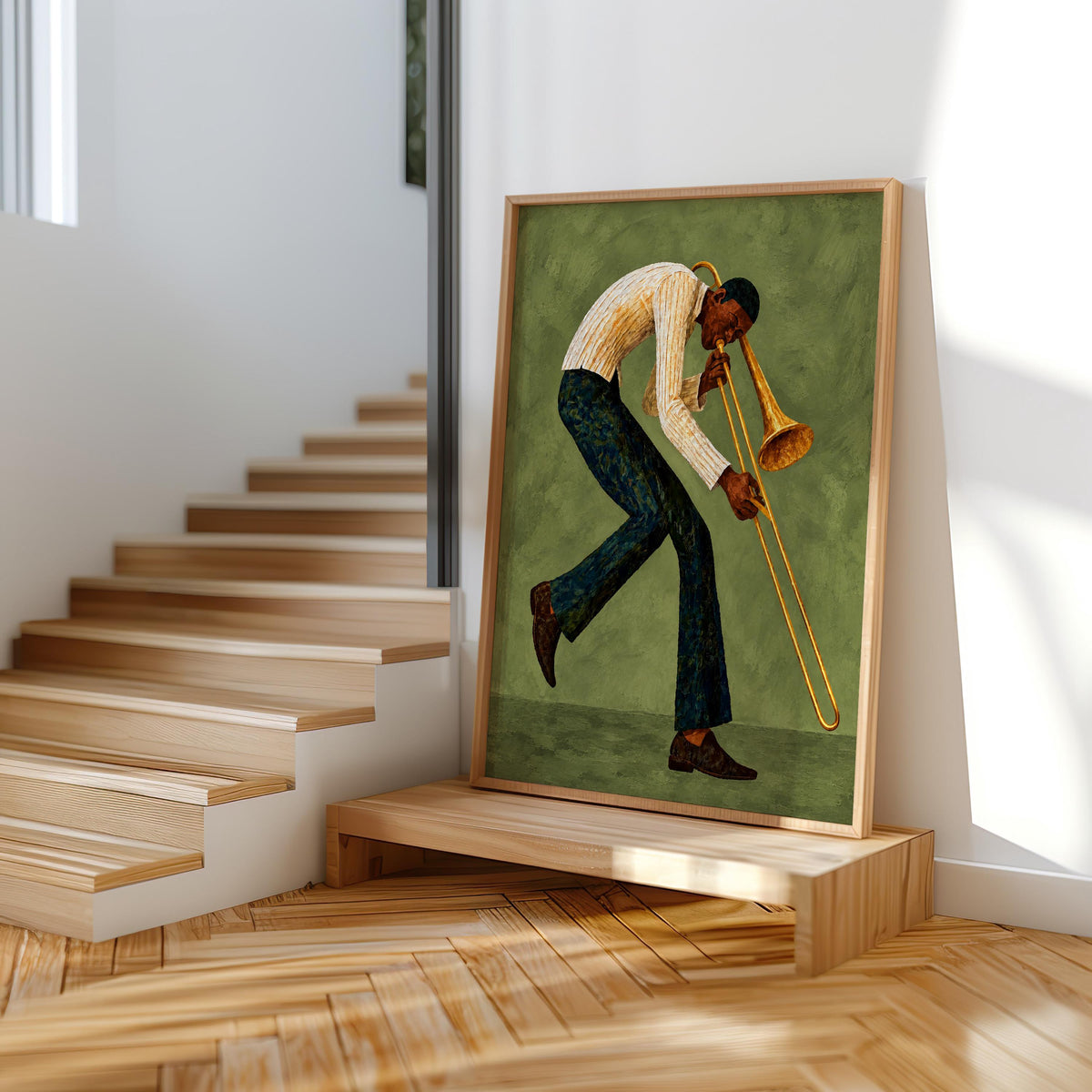 Trombone Player Wall Art, African American Jazz Musician Painting, Afrocentric Artistic Music Print Decor, Abstract Textured Band Gift