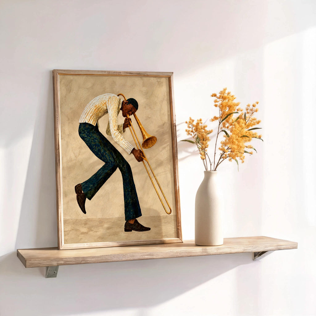 Trombone Player Wall Art, African American Jazz Musician Painting, Afrocentric Artistic Music Print Decor, Abstract Textured Band Gift