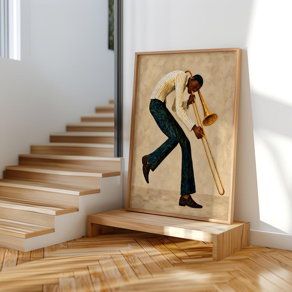 Trombone Player Wall Art, African American Jazz Musician Painting, Afrocentric Artistic Music Print Decor, Abstract Textured Band Gift
