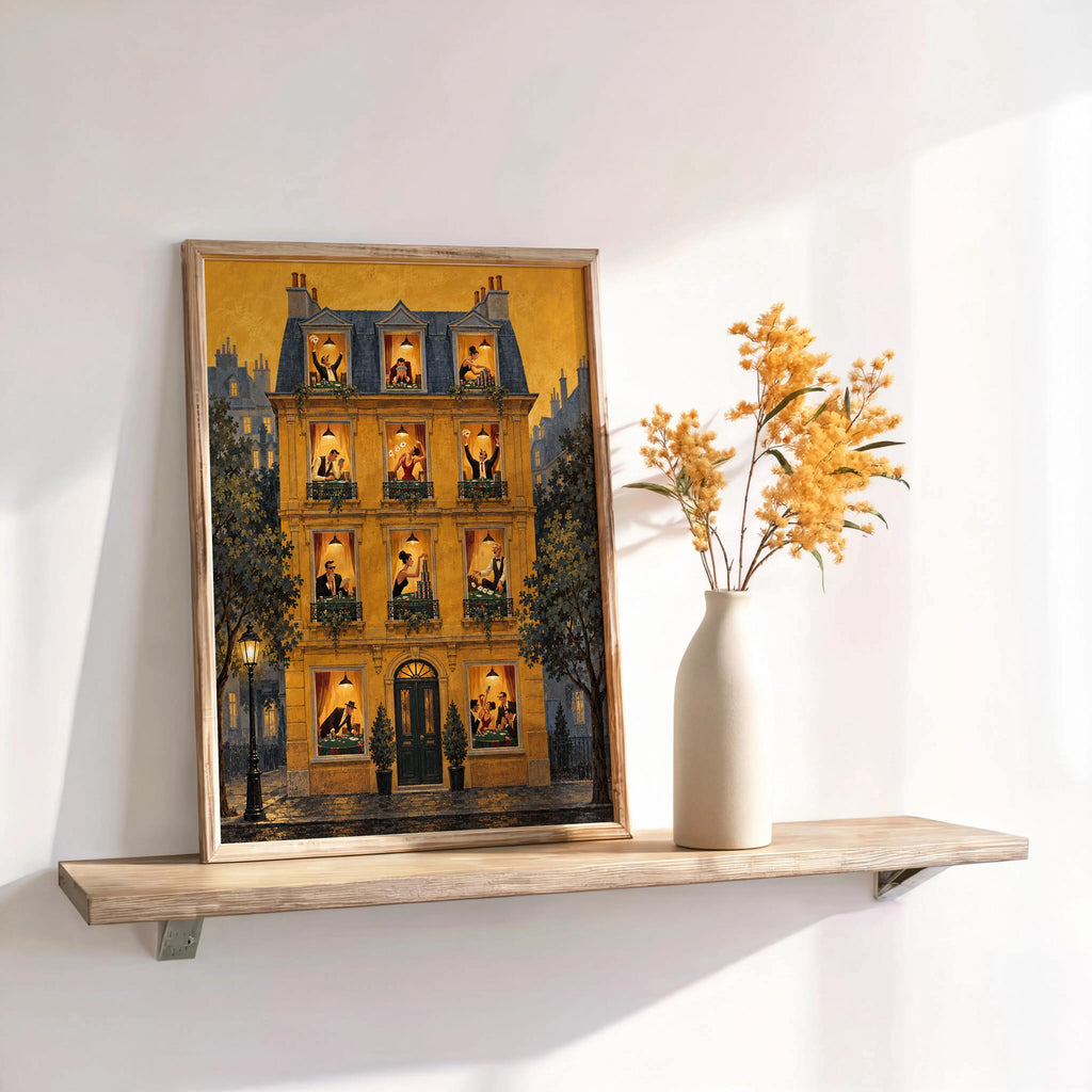 Mustard framed print leaning, small vase to right, illuminated windows show card game scenes, poker night wall art