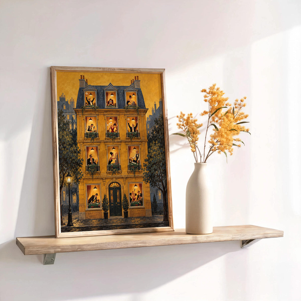 Mustard framed print leaning, small vase to right, illuminated windows show card game scenes, poker night wall art