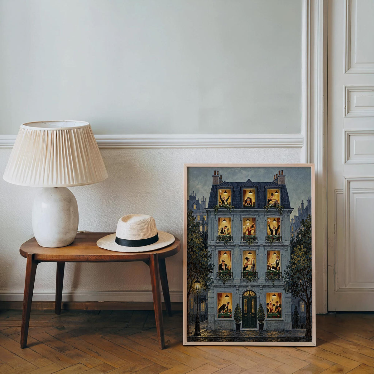 Deep teal print propped by console lamp, detailed card game windows, game room wall decor, poker night wall art