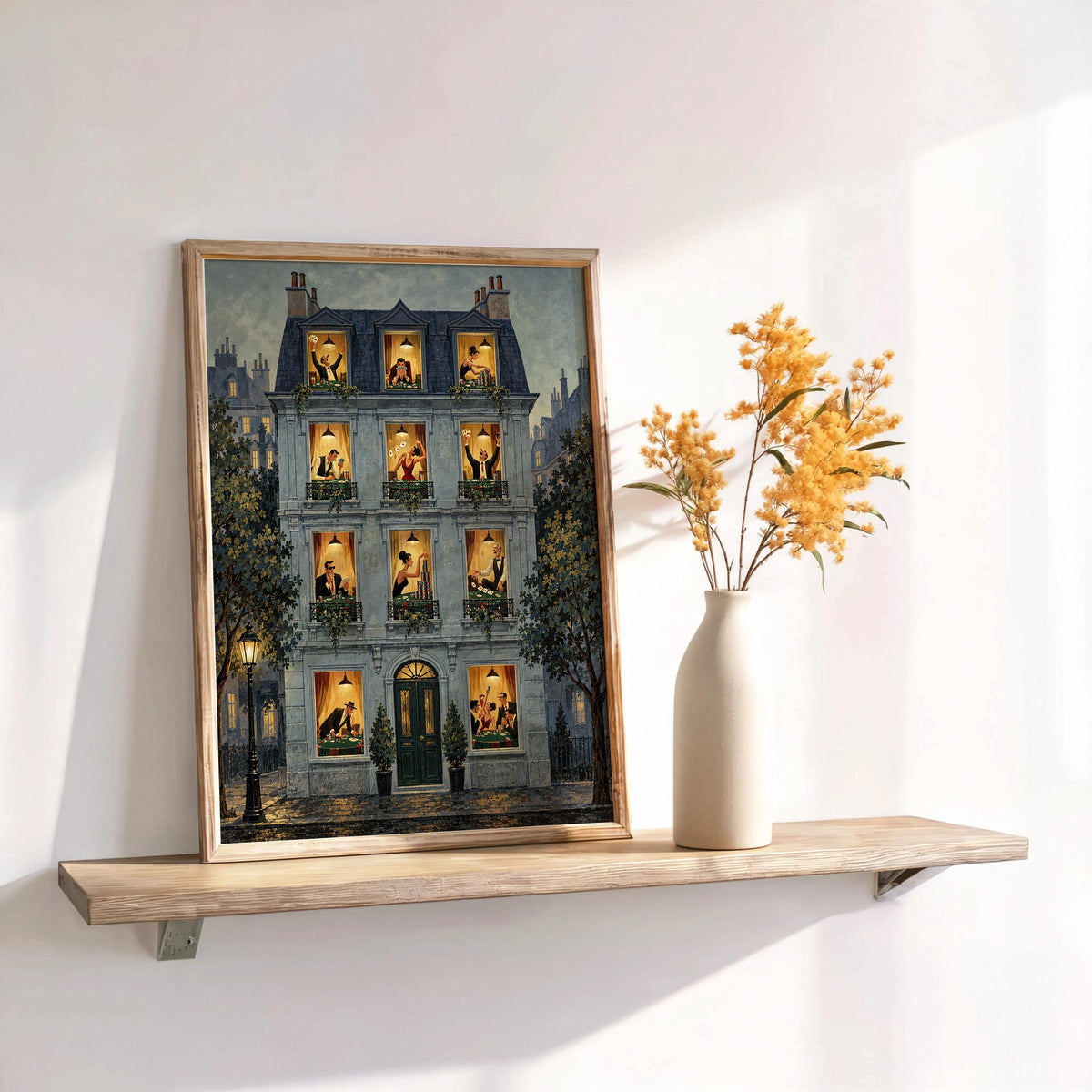 Deep teal framed Parisian building leaning beside vase, warm indoor light, poker night wall art