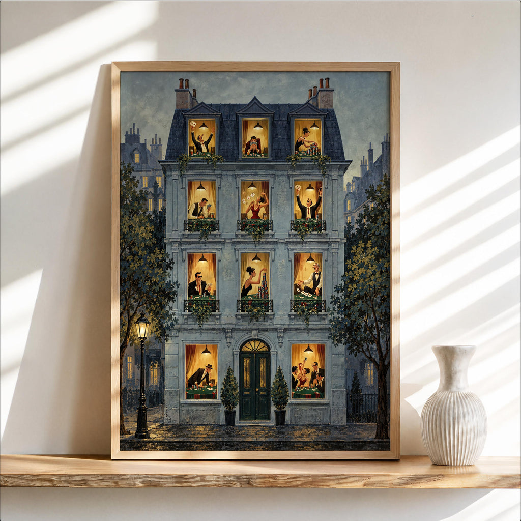 Dark teal framed Parisian building, night windows show card players, poker night wall art