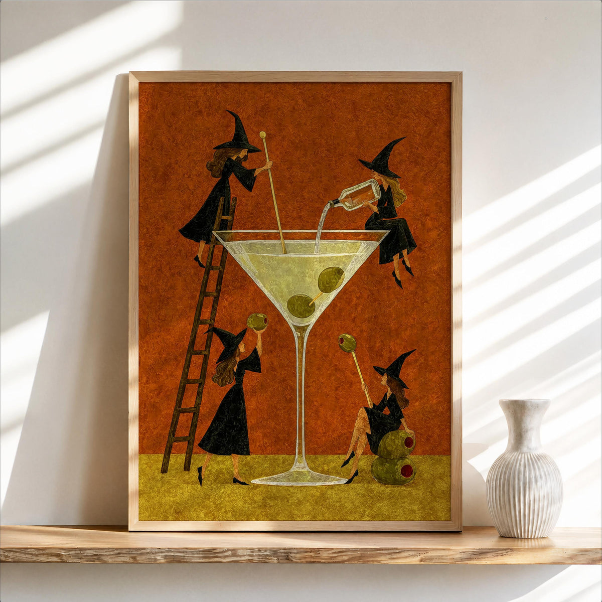 Witch Martini Wall Art, Vintage Halloween Poster, Tiny Witches Making a Giant Cocktail, Retro Bar Decor, Spooky Season Funny Print