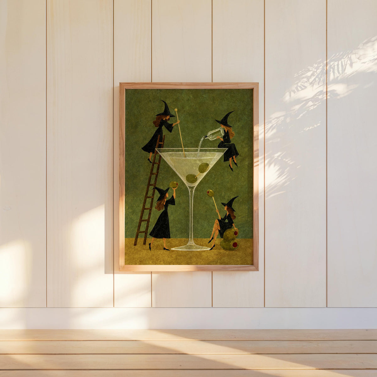 Witch Martini Wall Art, Vintage Halloween Poster, Tiny Witches Making a Giant Cocktail, Retro Bar Decor, Spooky Season Funny Print