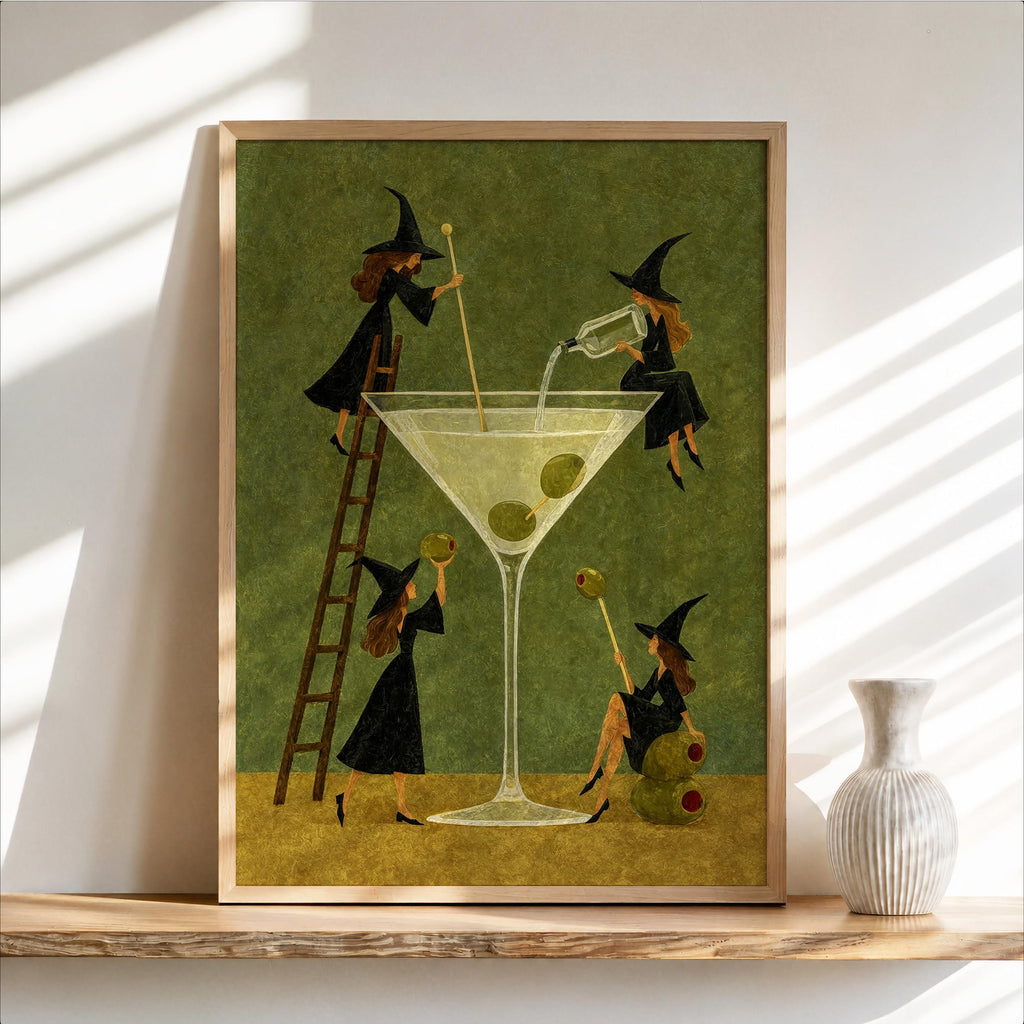 Witch Martini Wall Art, Vintage Halloween Poster, Tiny Witches Making a Giant Cocktail, Retro Bar Decor, Spooky Season Funny Print