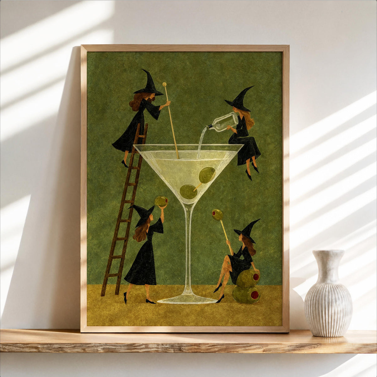 Witch Martini Wall Art, Vintage Halloween Poster, Tiny Witches Making a Giant Cocktail, Retro Bar Decor, Spooky Season Funny Print