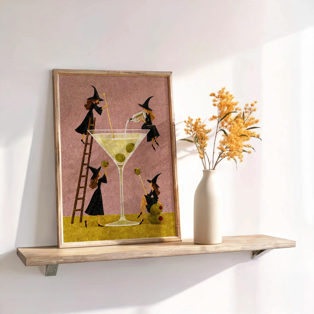 Witch Martini Wall Art, Vintage Halloween Poster, Tiny Witches Making a Giant Cocktail, Retro Bar Decor, Spooky Season Funny Print