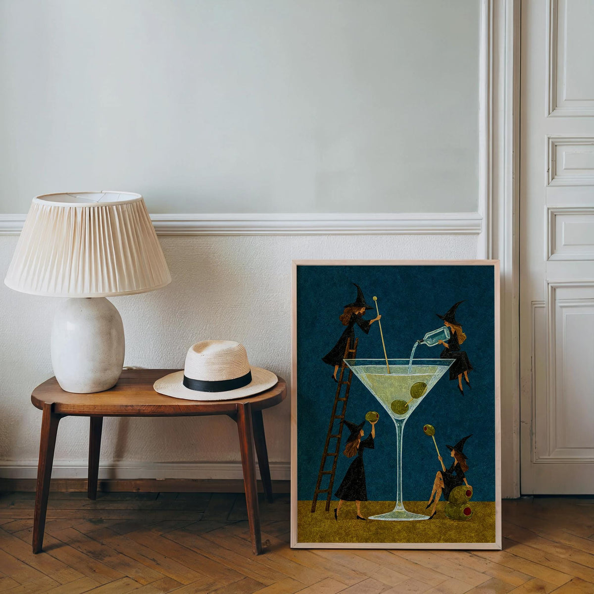 Witch Martini Wall Art, Vintage Halloween Poster, Tiny Witches Making a Giant Cocktail, Retro Bar Decor, Spooky Season Funny Print