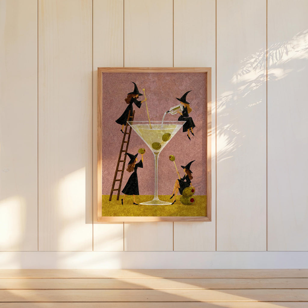 Witch Martini Wall Art, Vintage Halloween Poster, Tiny Witches Making a Giant Cocktail, Retro Bar Decor, Spooky Season Funny Print