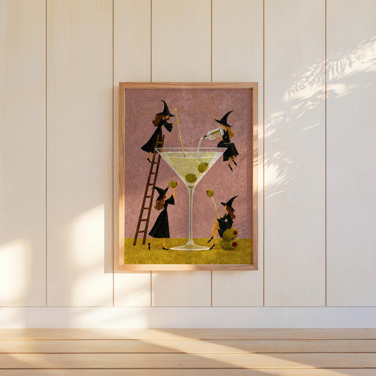 Witch Martini Wall Art, Vintage Halloween Poster, Tiny Witches Making a Giant Cocktail, Retro Bar Decor, Spooky Season Funny Print