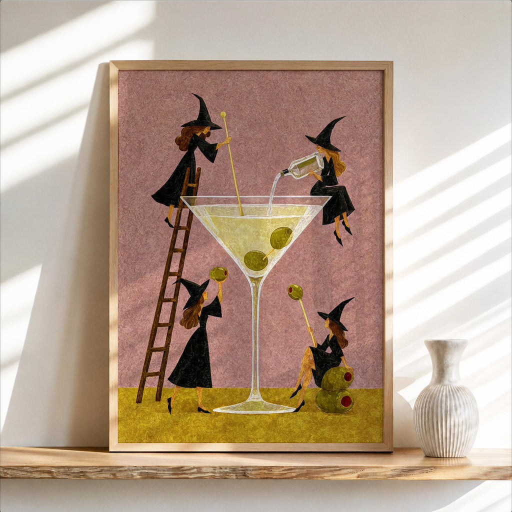 Witch Martini Wall Art, Vintage Halloween Poster, Tiny Witches Making a Giant Cocktail, Retro Bar Decor, Spooky Season Funny Print
