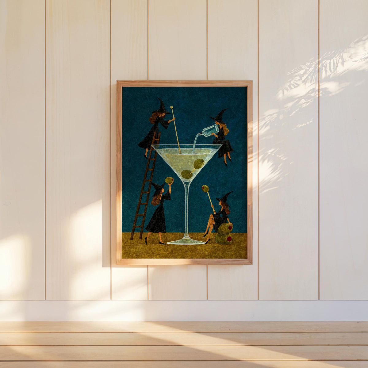 Witch Martini Wall Art, Vintage Halloween Poster, Tiny Witches Making a Giant Cocktail, Retro Bar Decor, Spooky Season Funny Print