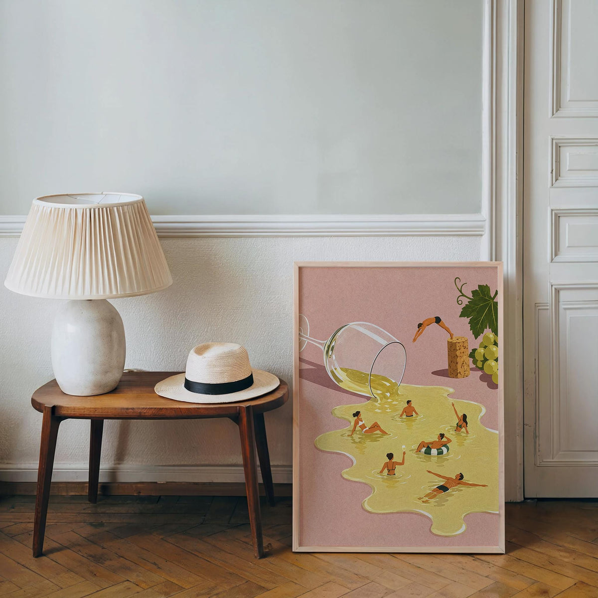 Wine Swimming Pool Wall Art, Funny Cocktail Poster, Vintage Tiny Swimmers in Giant Wine Glass, Quirky Kitchen Decor, Summer Diving Print