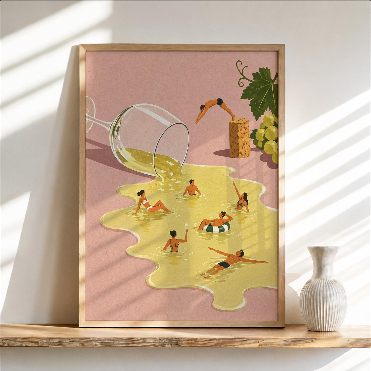 Wine Swimming Pool Wall Art, Funny Cocktail Poster, Vintage Tiny Swimmers in Giant Wine Glass, Quirky Kitchen Decor, Summer Diving Print